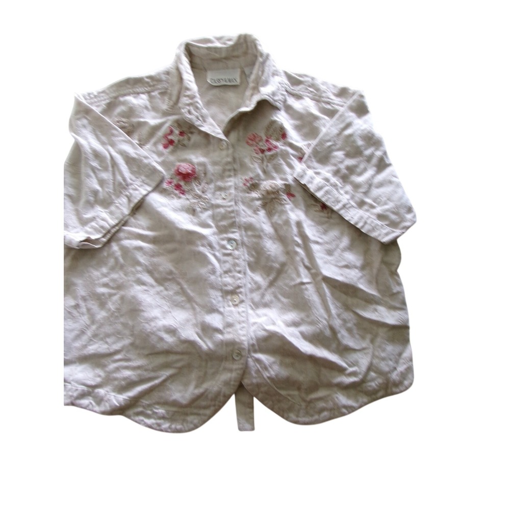 Casey & Max Women Cream Floral Embroidered Linen Blend Button Down Shirt Size M